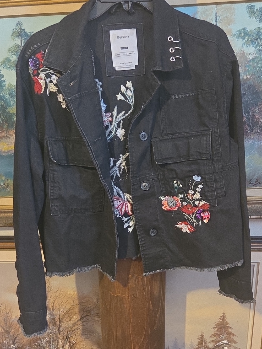 Bershka Black Denim Jacket with Multicolor Floral Embroidery